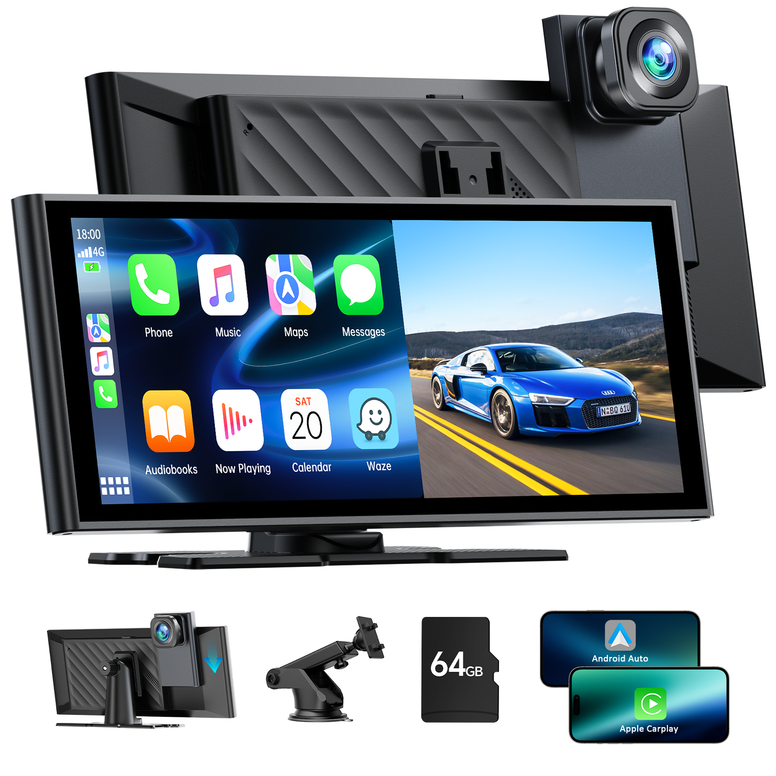 9.26'' Car Stereo Wireles Apple Carplay & Android Auto with 4K Dash Cam & 1080P Backup Camera, Mirror Link and Loop Recording