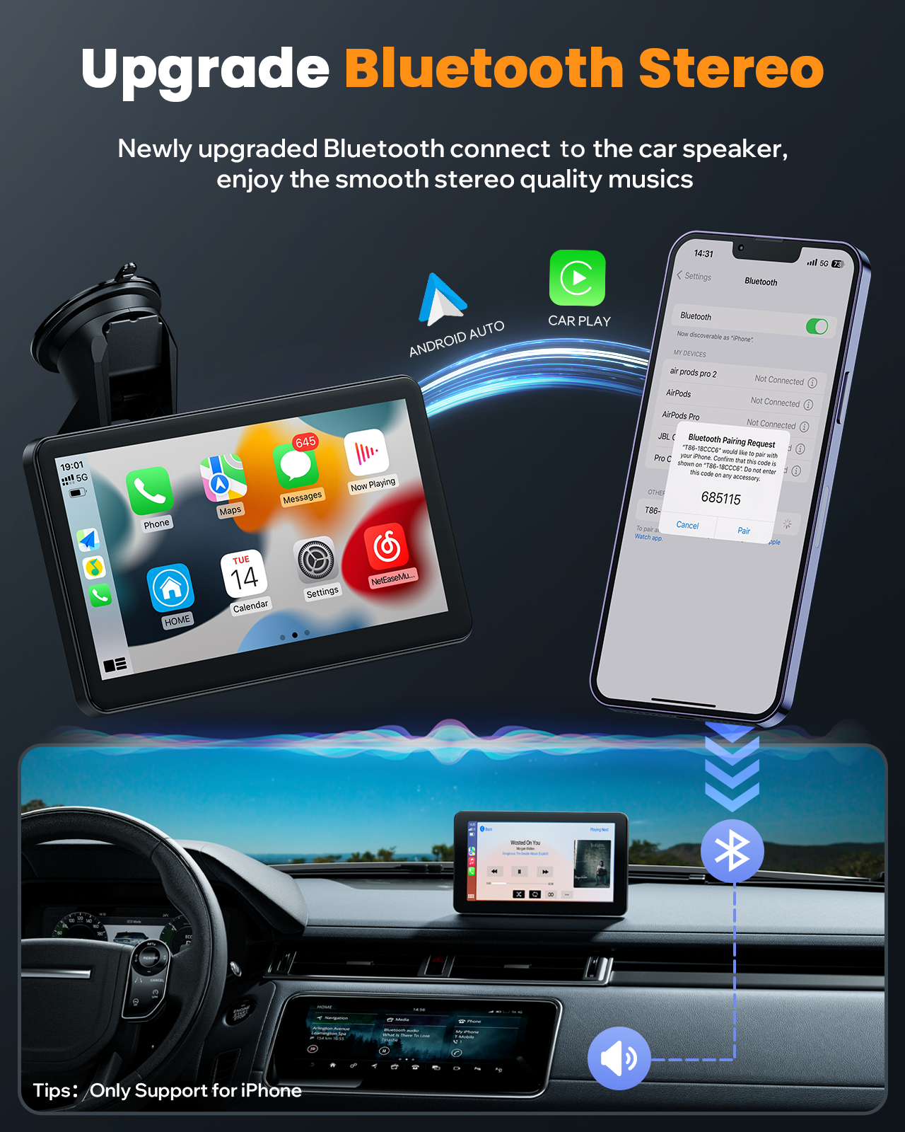 Wireless Apple Carplay Portable Car Stereo and Android Auto,Carplay Screen  for Car Radio with Bluetooth Hands-Free,7 Inch Touch Screen with Mirror