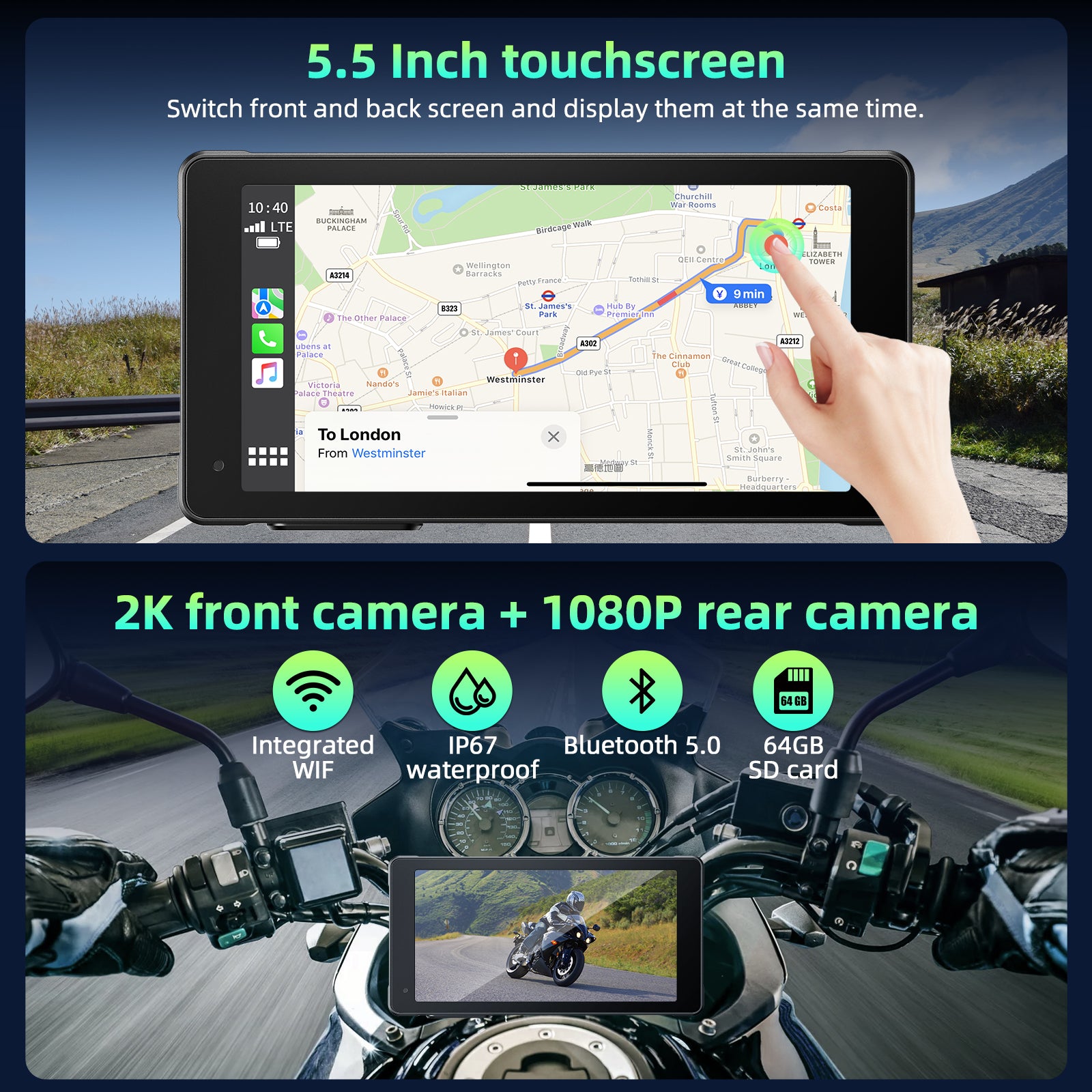 Motorcycle Car Radio 5.5" Touchscreen, Portable 2K Front & 1080P Rear Dash Cam