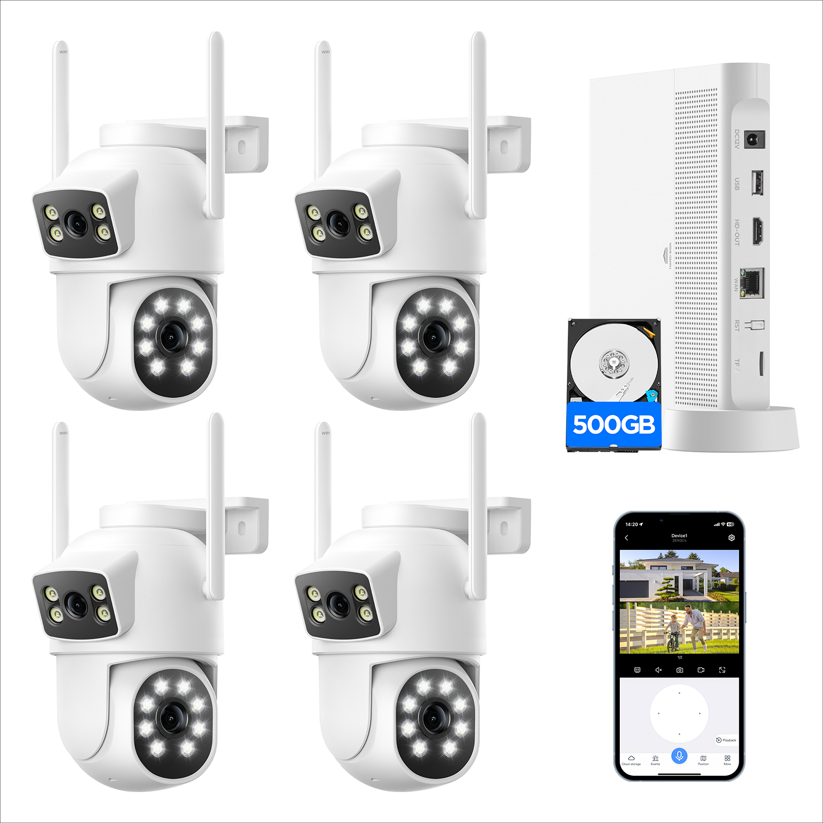 Campark SC48 Wireless Security Camera System Outdoor, Dual Lens Linkage WiFi PTZ Camera with Expandable NVR and 500GB HDD