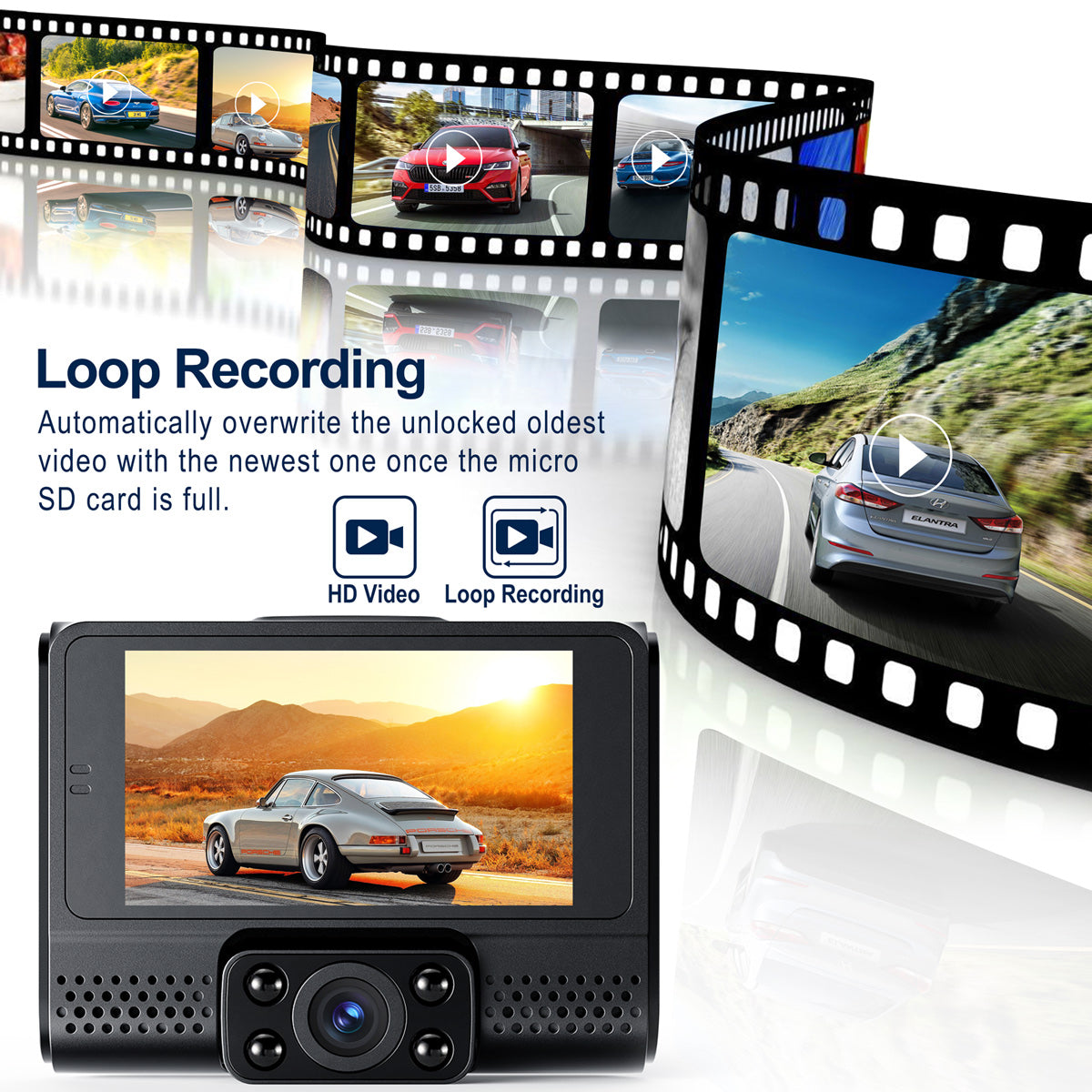 Dashcam mit 1080p HD-Kamera/Dreikanal-Video/Infrarot-Nachtsicht/ Parküberwachung