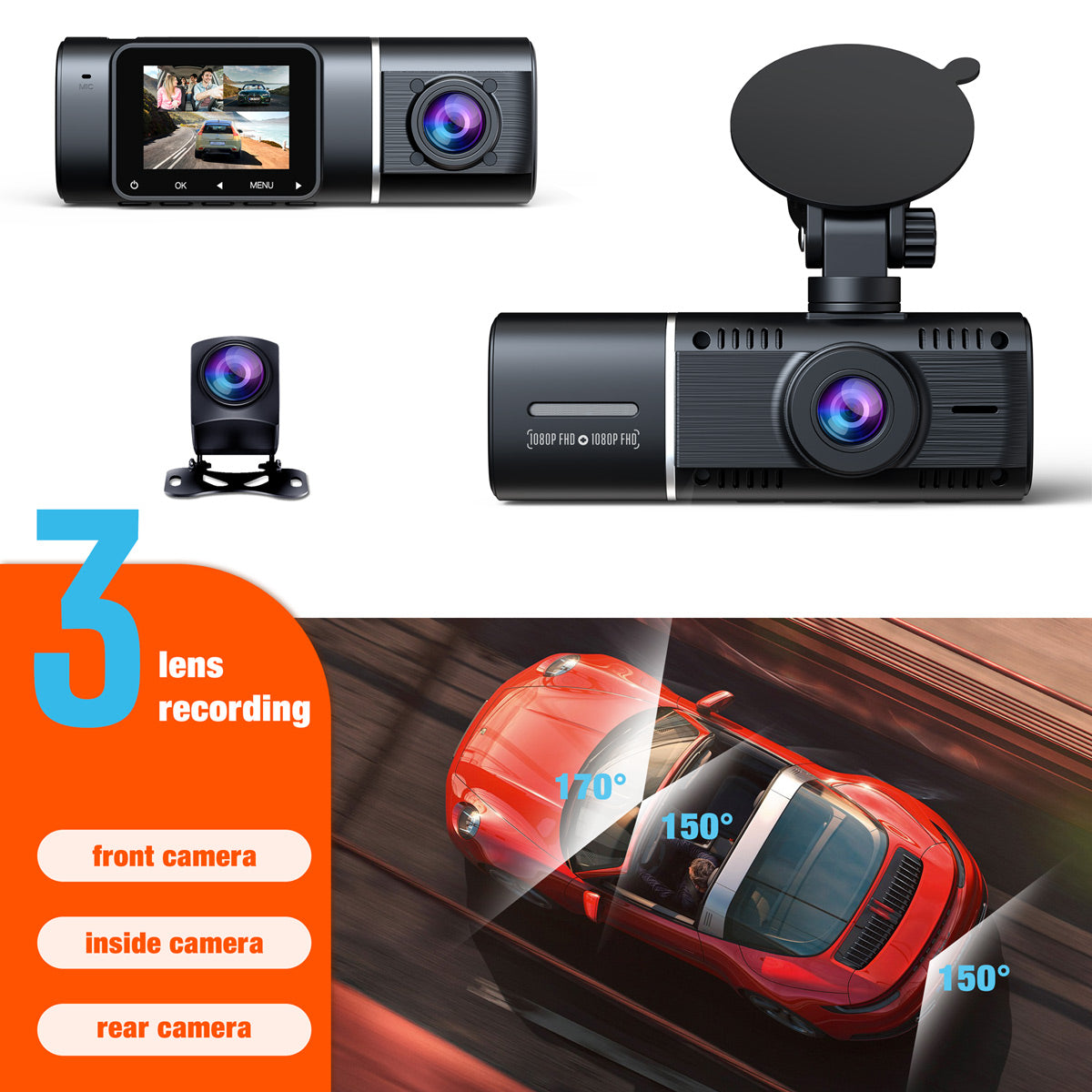 autolock 3-Kanal Dashcam vorne und hinten innen, 1080P Dashcam IR  Nachtsicht Dashcam