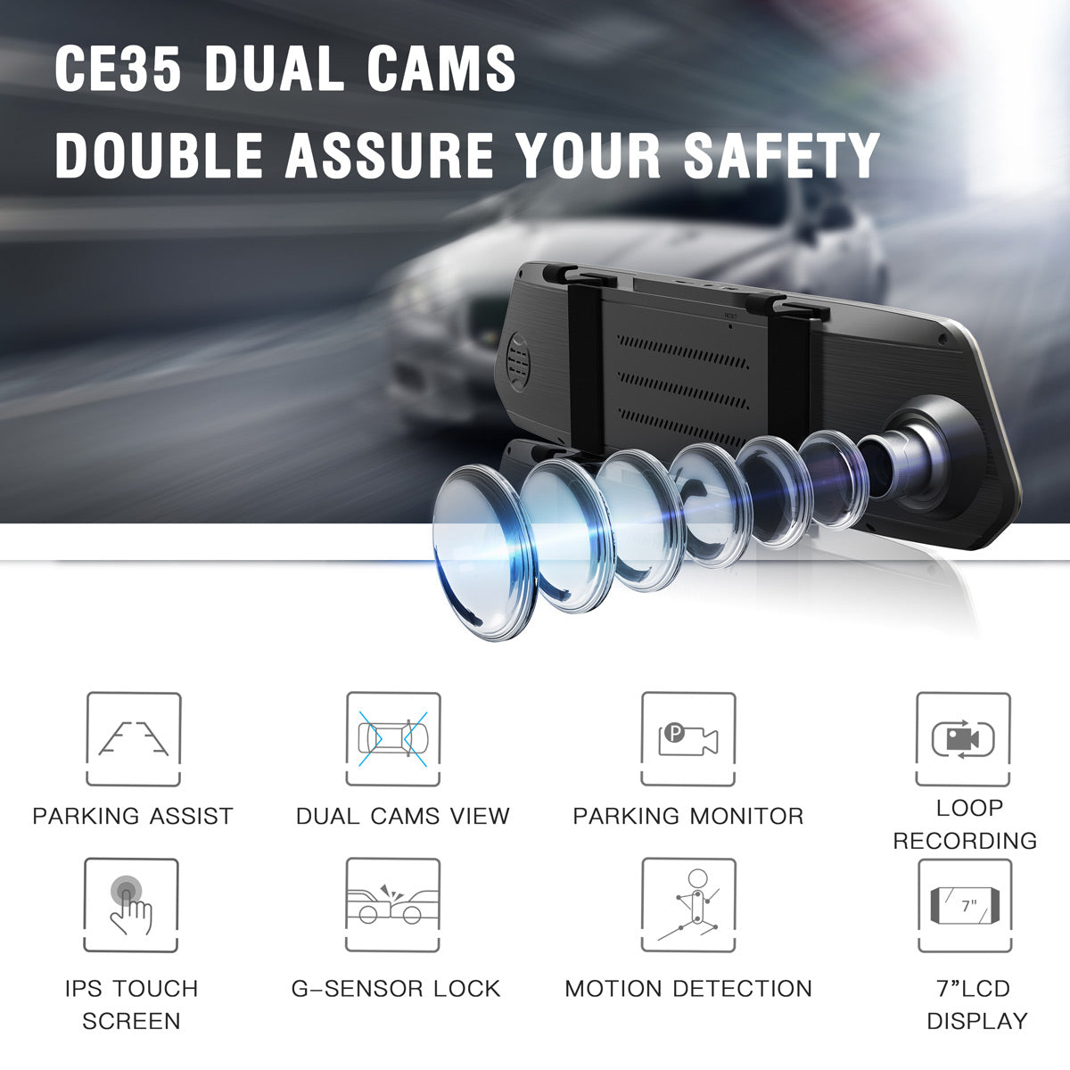 Campark CE35A 1080P Front and Rear Mirror Dash Cam with 7" Touchscreen(UK  ONLY)