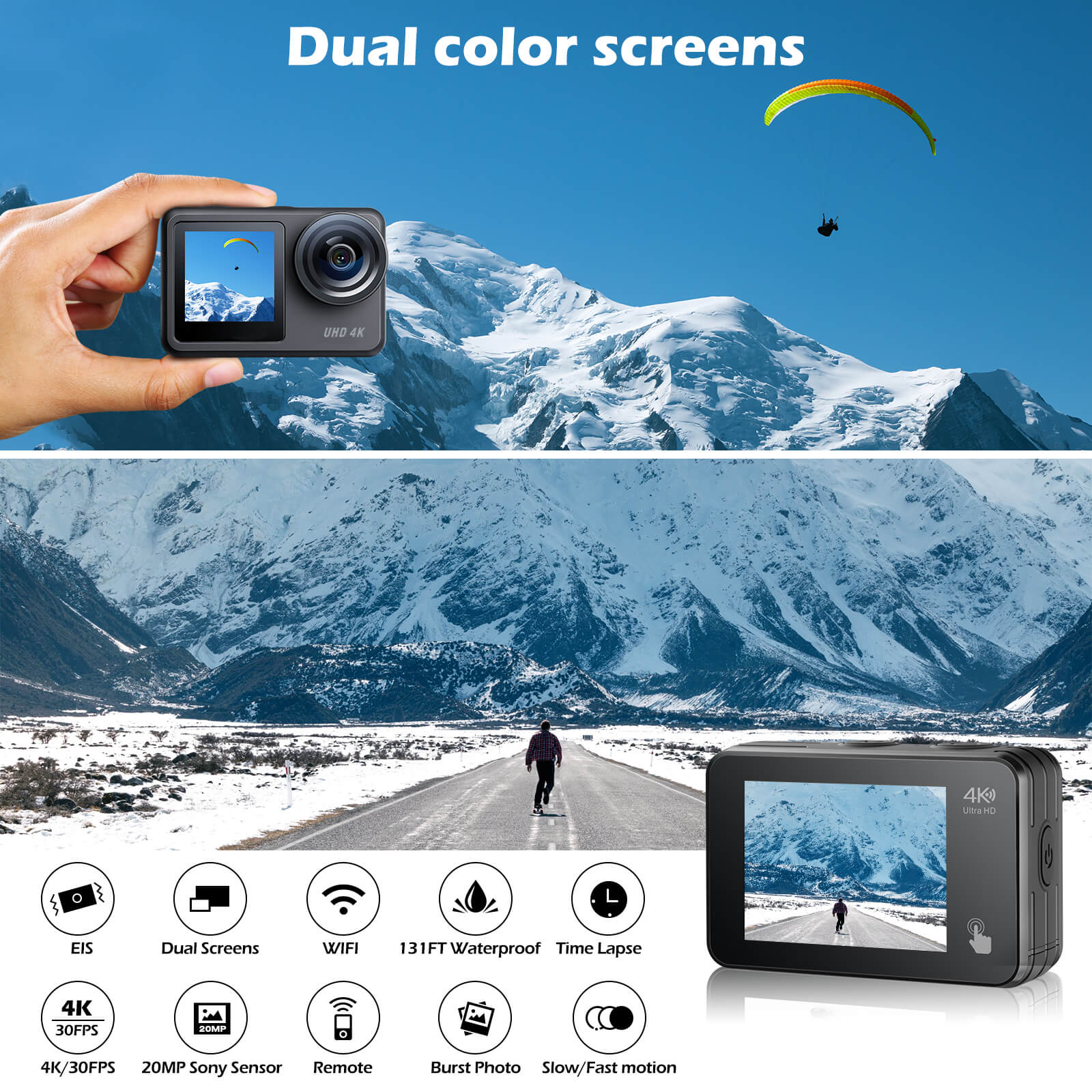 Campark V40 4K/30FPS WiFi Dual Screen Action Camera 20MP Touch Screen 40M Waterproof Camera( Australia  ONLY)
